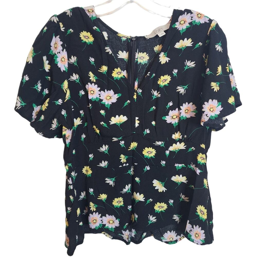 LOFT V-Neck Zip Back Floral Ruffle Sleeve Top, Size 12